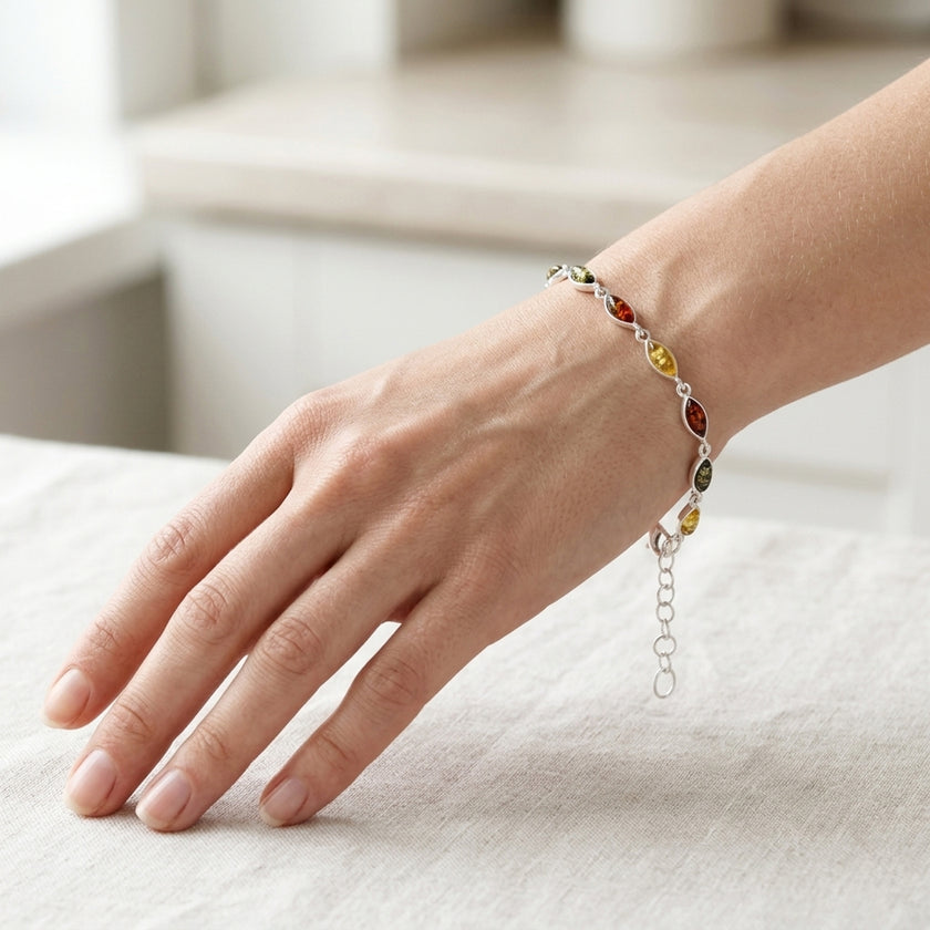 Sterling Silver & Baltic Amber Eye-Shaped Bracelet