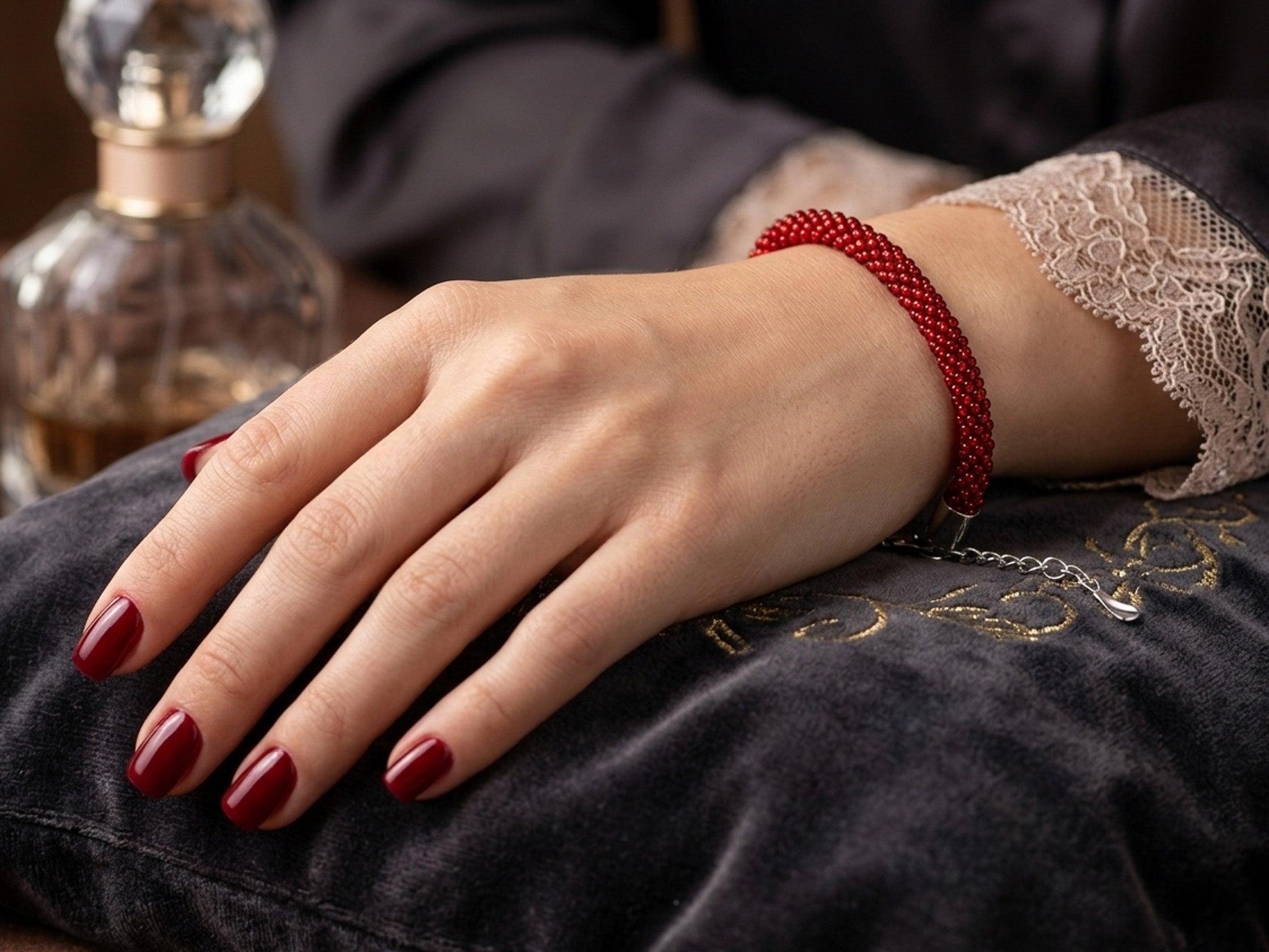 Croche Beaded Bracelet - Silver Lined Ruby
