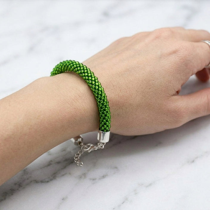 Croche Beaded Bracelet - Silver Lined Peridot