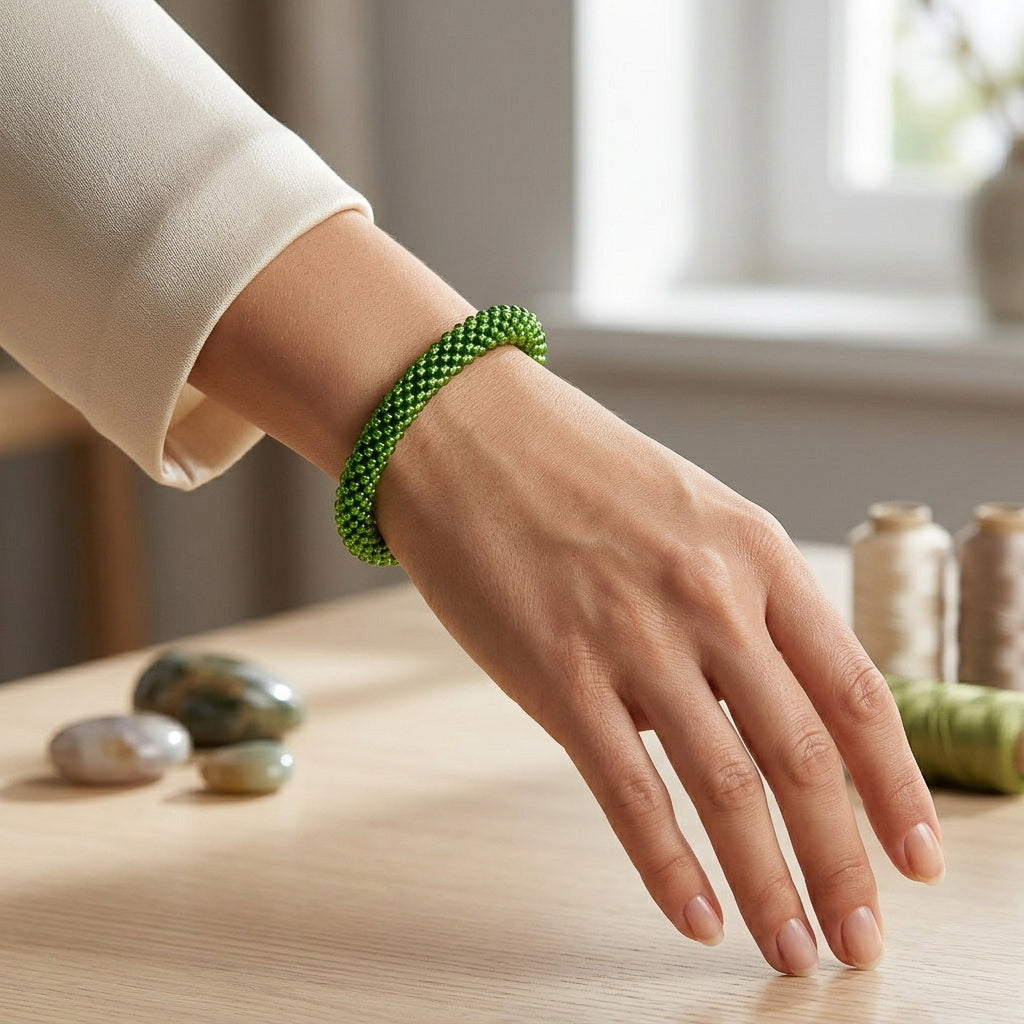 Croche Beaded Bracelet - Silver Lined Peridot