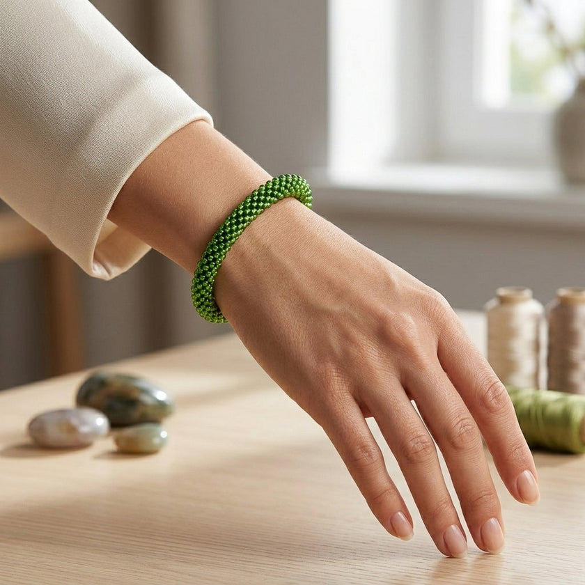 Croche Beaded Bracelet - Silver Lined Peridot