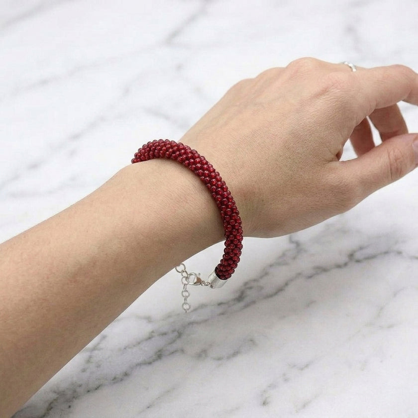 Croche Beaded Bracelet - Silver Lined Ruby