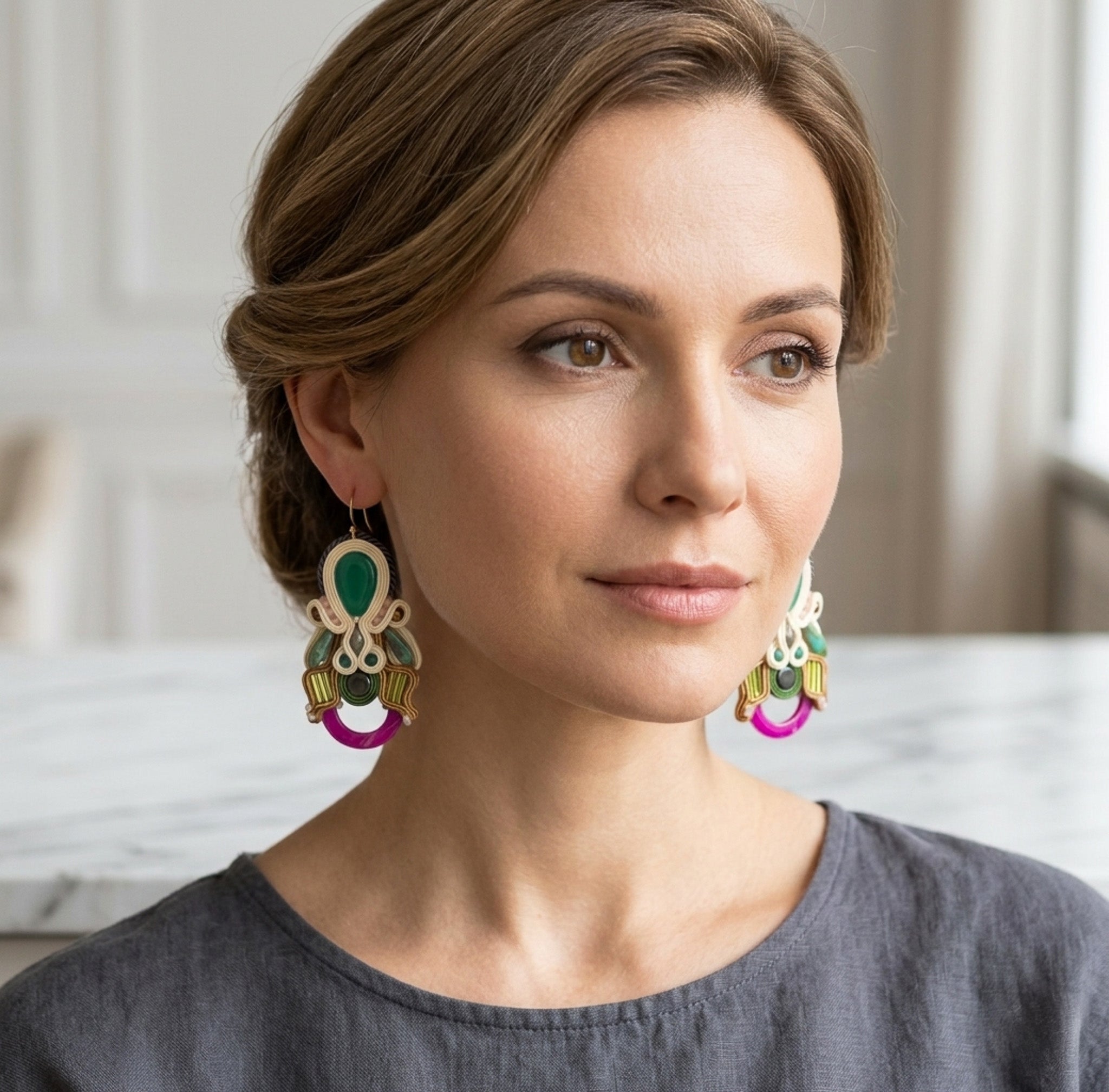 Boho Emerald & Fuchsia Soutache Drop Earrings