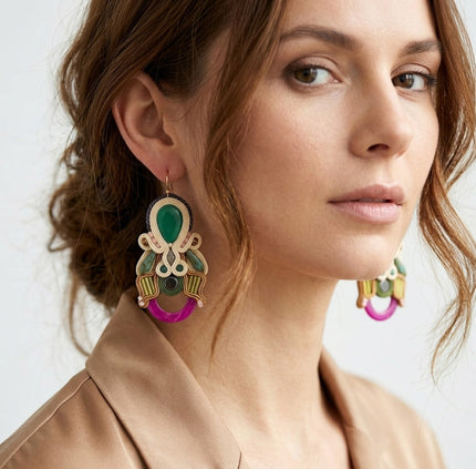 Boho Emerald & Fuchsia Soutache Drop Earrings