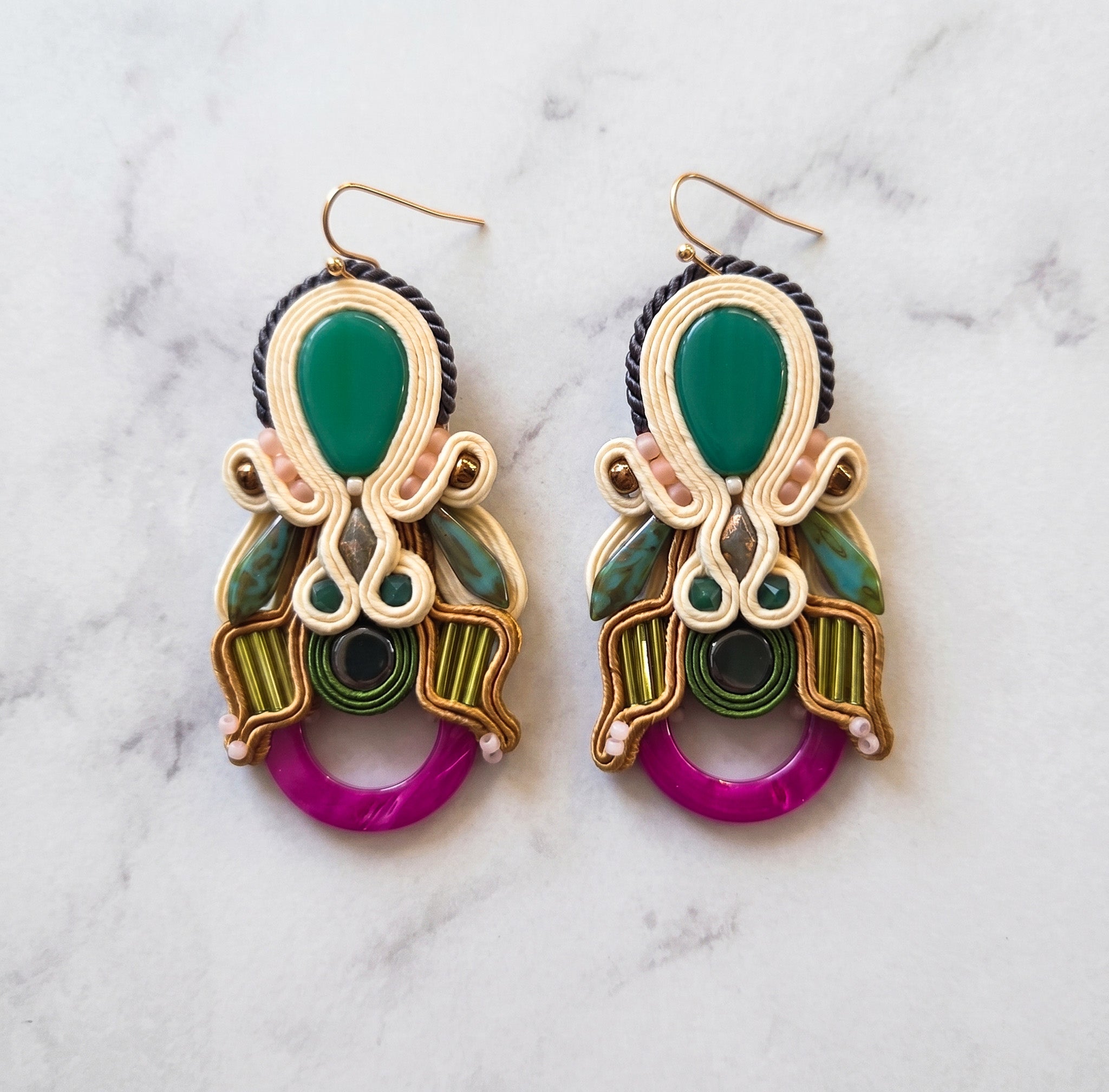 Boho Emerald & Fuchsia Soutache Drop Earrings