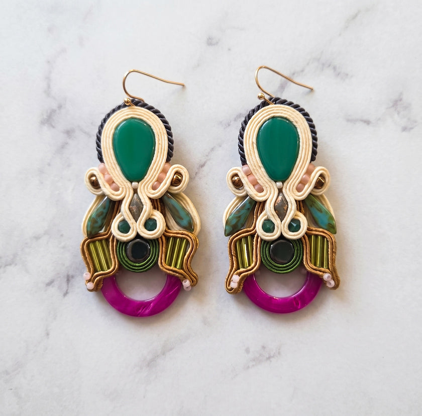 Boho Emerald & Fuchsia Soutache Drop Earrings