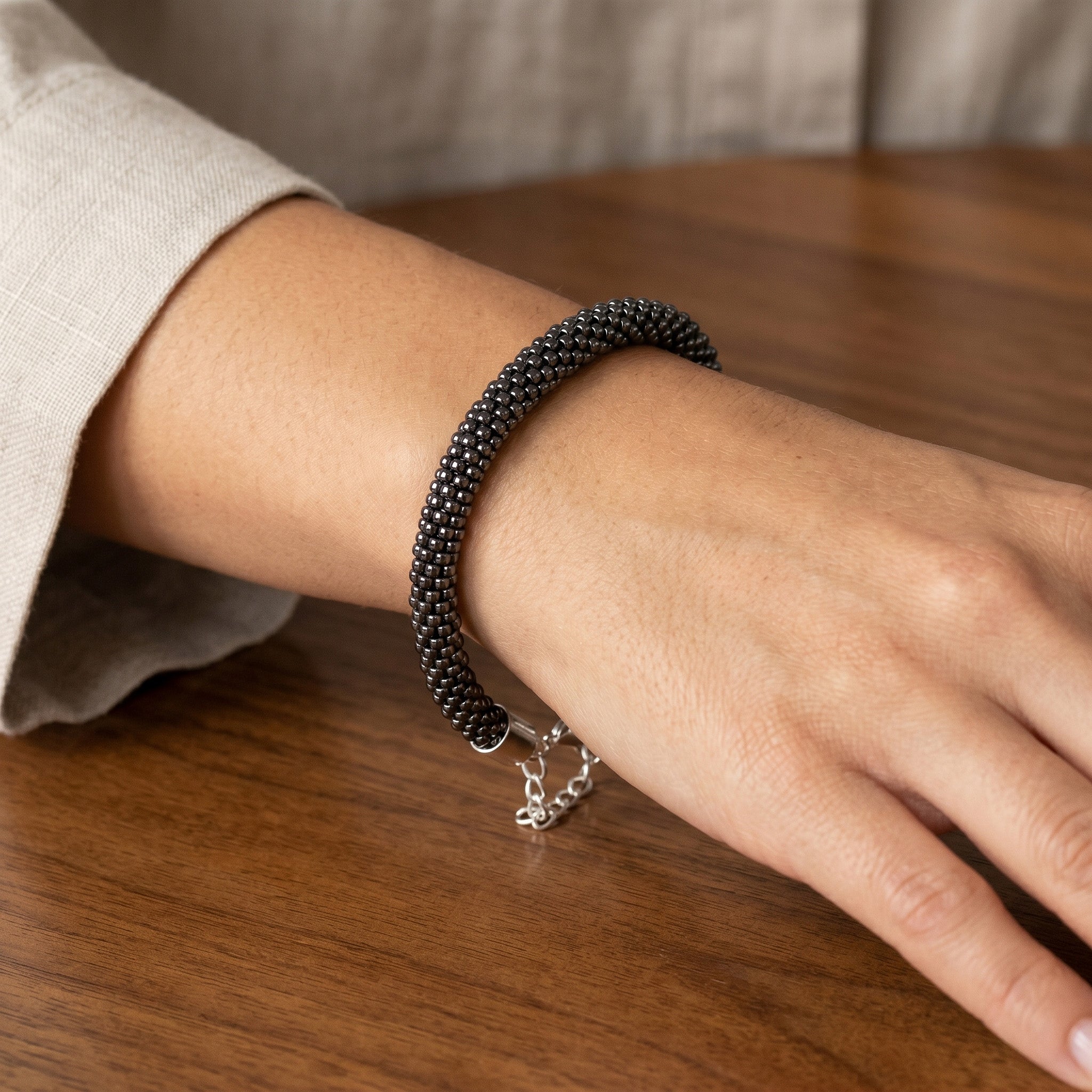 Crochet Beaded Bracelet - Metallic Hematite