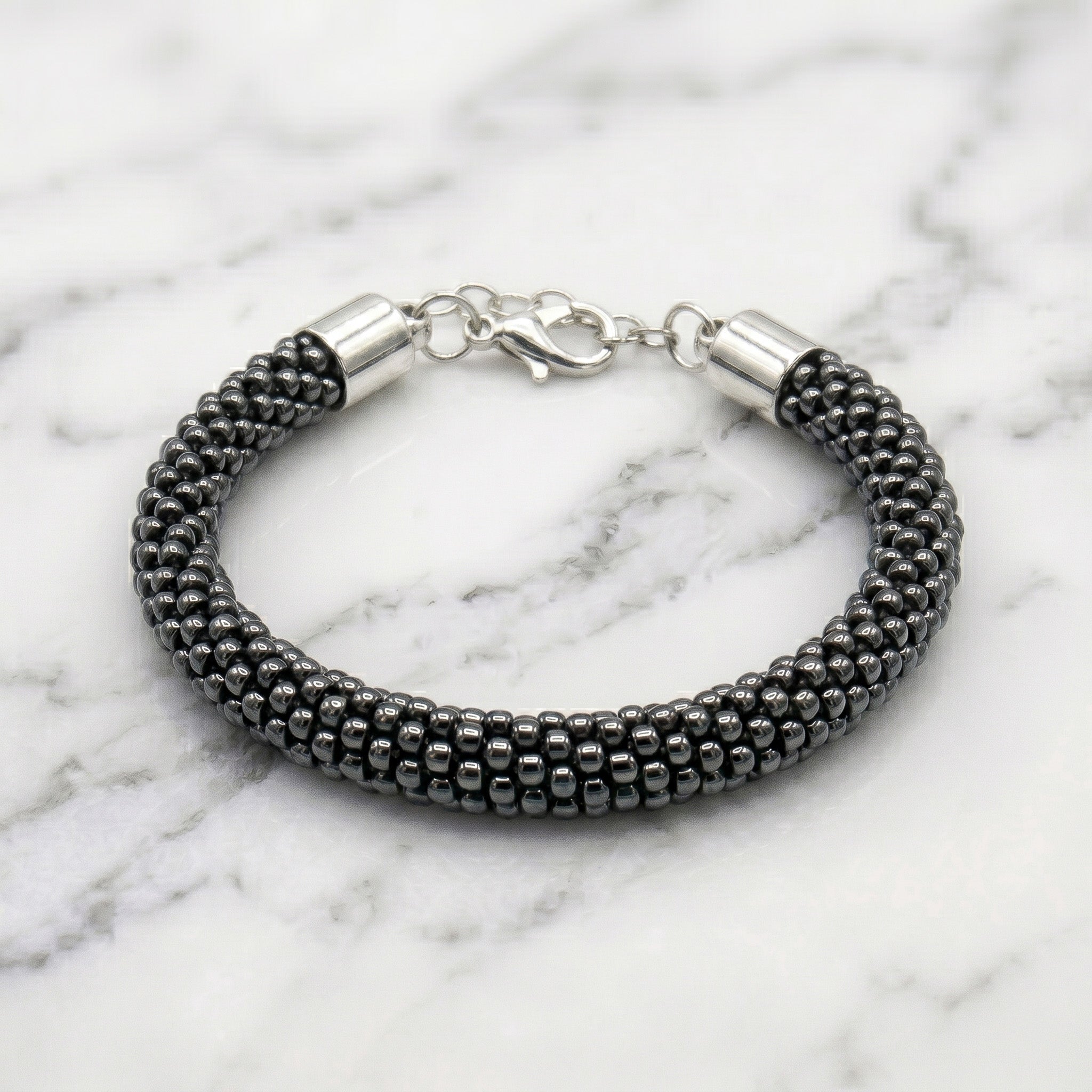 Crochet Beaded Bracelet - Metallic Hematite