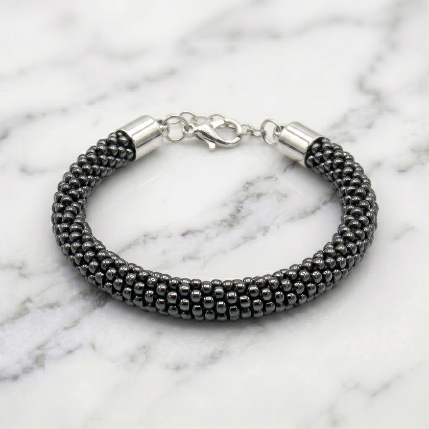 Crochet Beaded Bracelet - Metallic Hematite