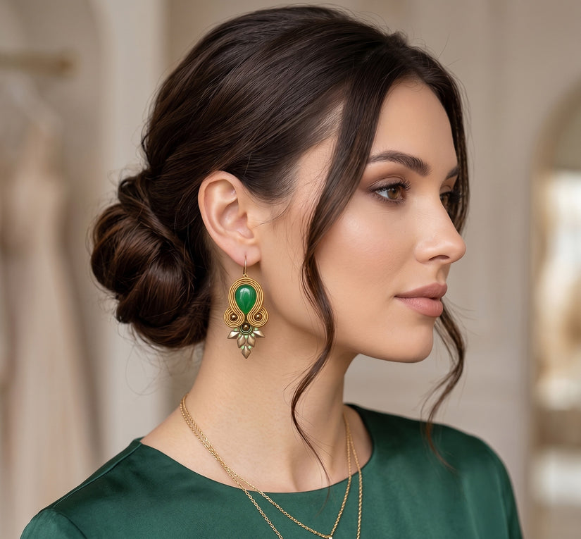 Green and Gold Handmade Boho Soutache Drop Earrings