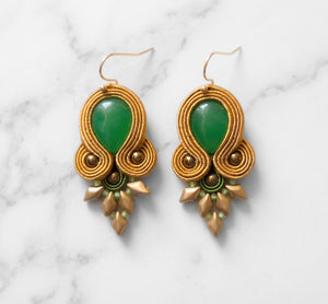 Green and Gold Handmade Boho Soutache Drop Earrings
