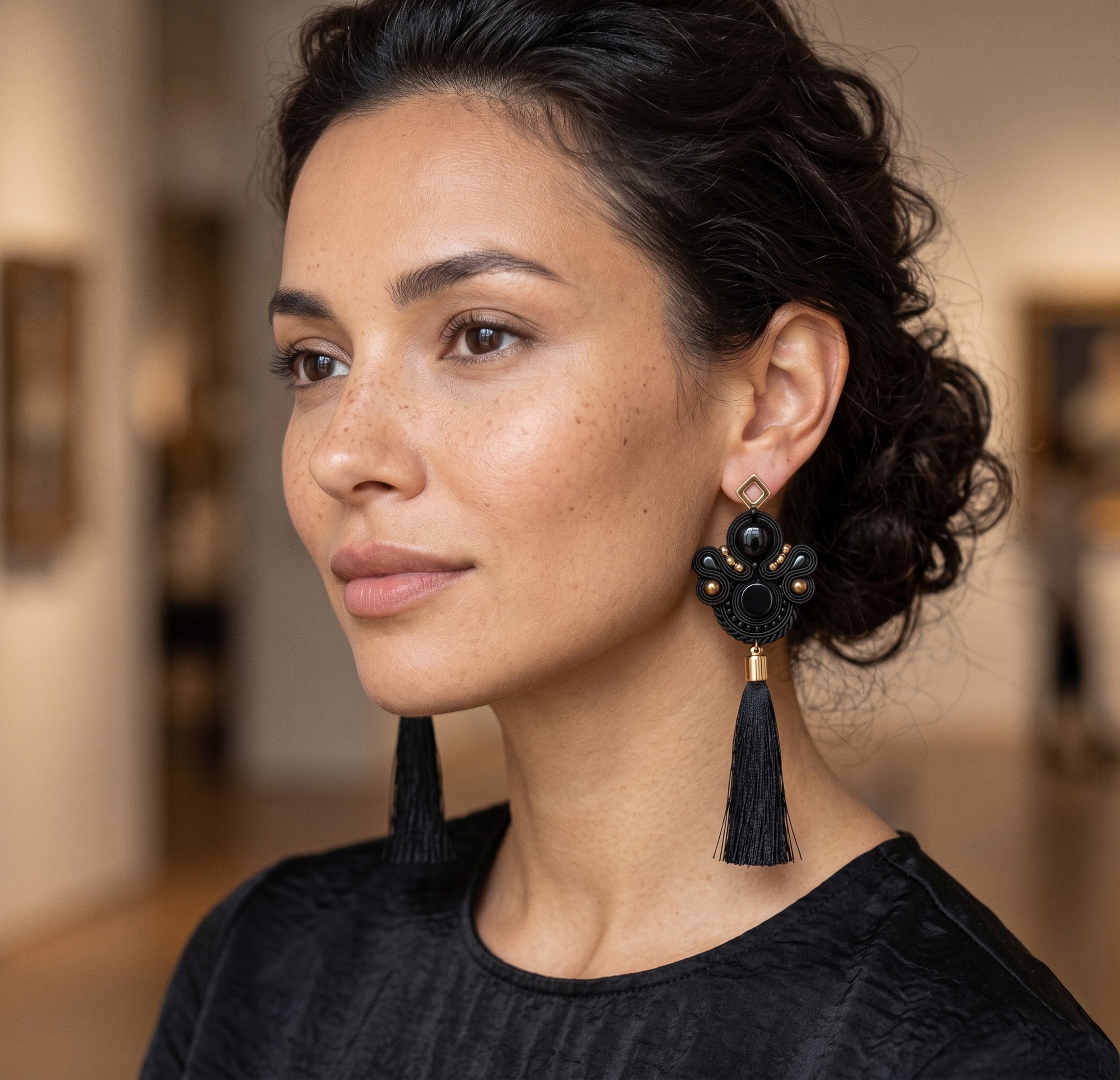 Handmade Black & Gold Soutache Tassels Earrings