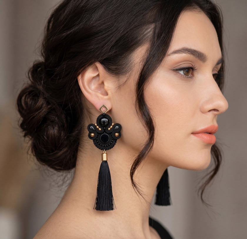 Handmade Black & Gold Soutache Tassels Earrings