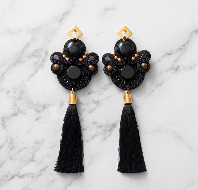 Handmade Black & Gold Soutache Tassels Earrings
