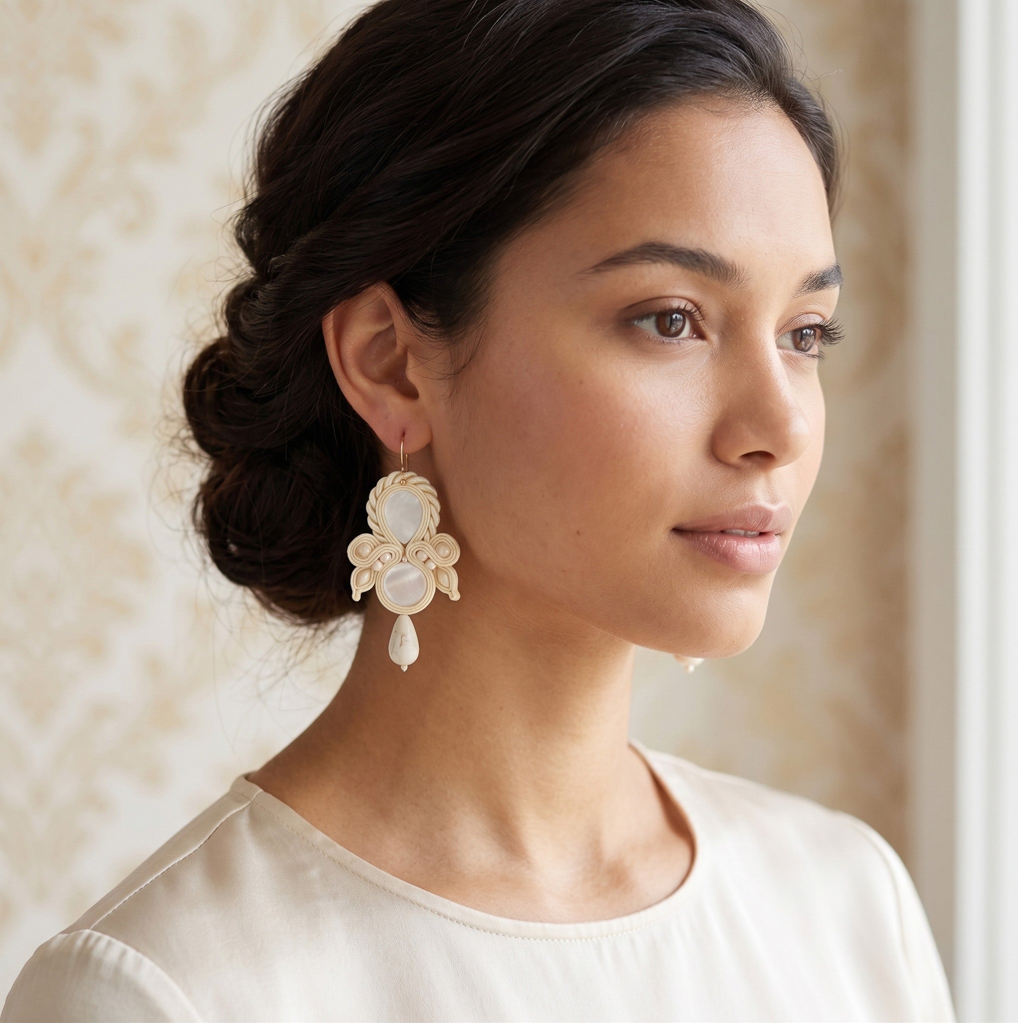 Handmade Ivory Mother of Pearl Soutache Bridal Earrings