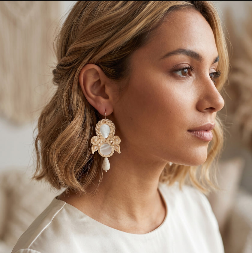 Handmade Ivory Mother of Pearl Soutache Bridal Earrings