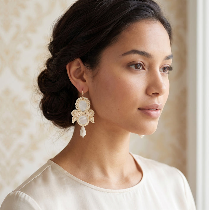 Handmade Ivory Mother of Pearl Soutache Bridal Earrings
