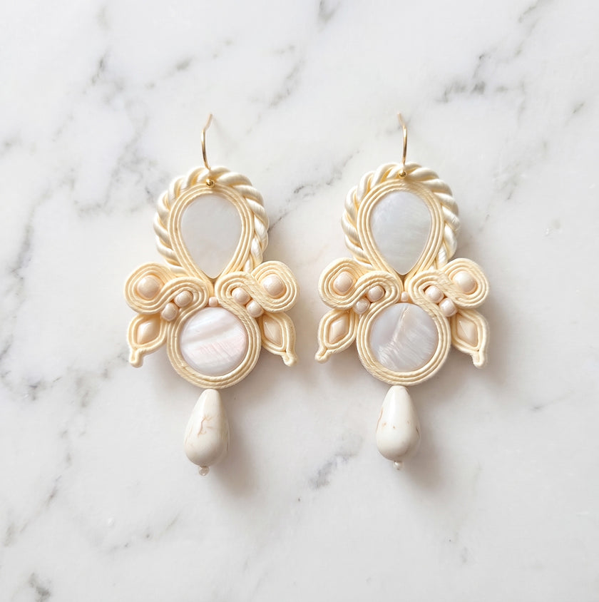 Handmade Ivory Mother of Pearl Soutache Bridal Earrings