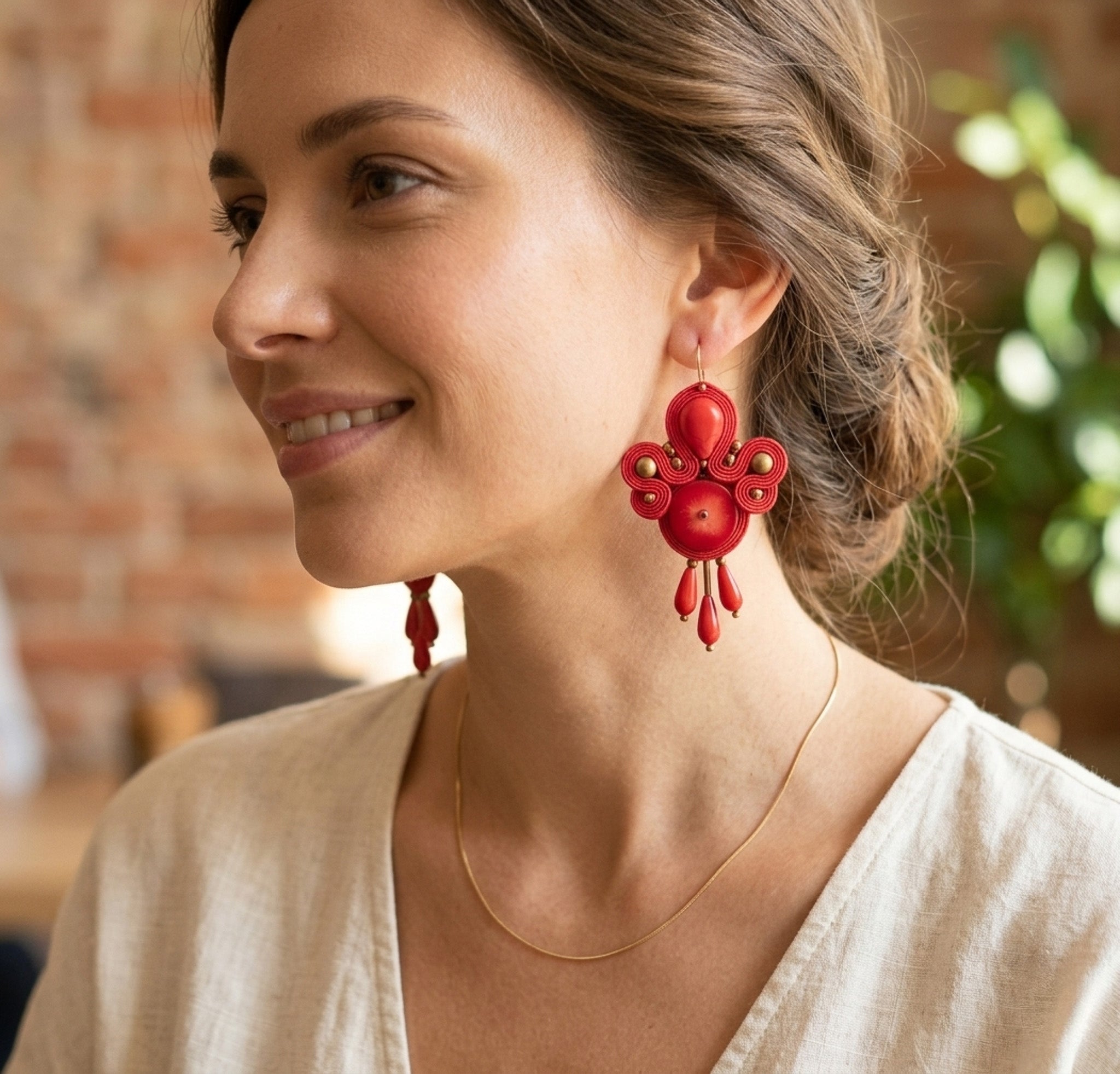 Red Coral Soutache Dangle Earrings