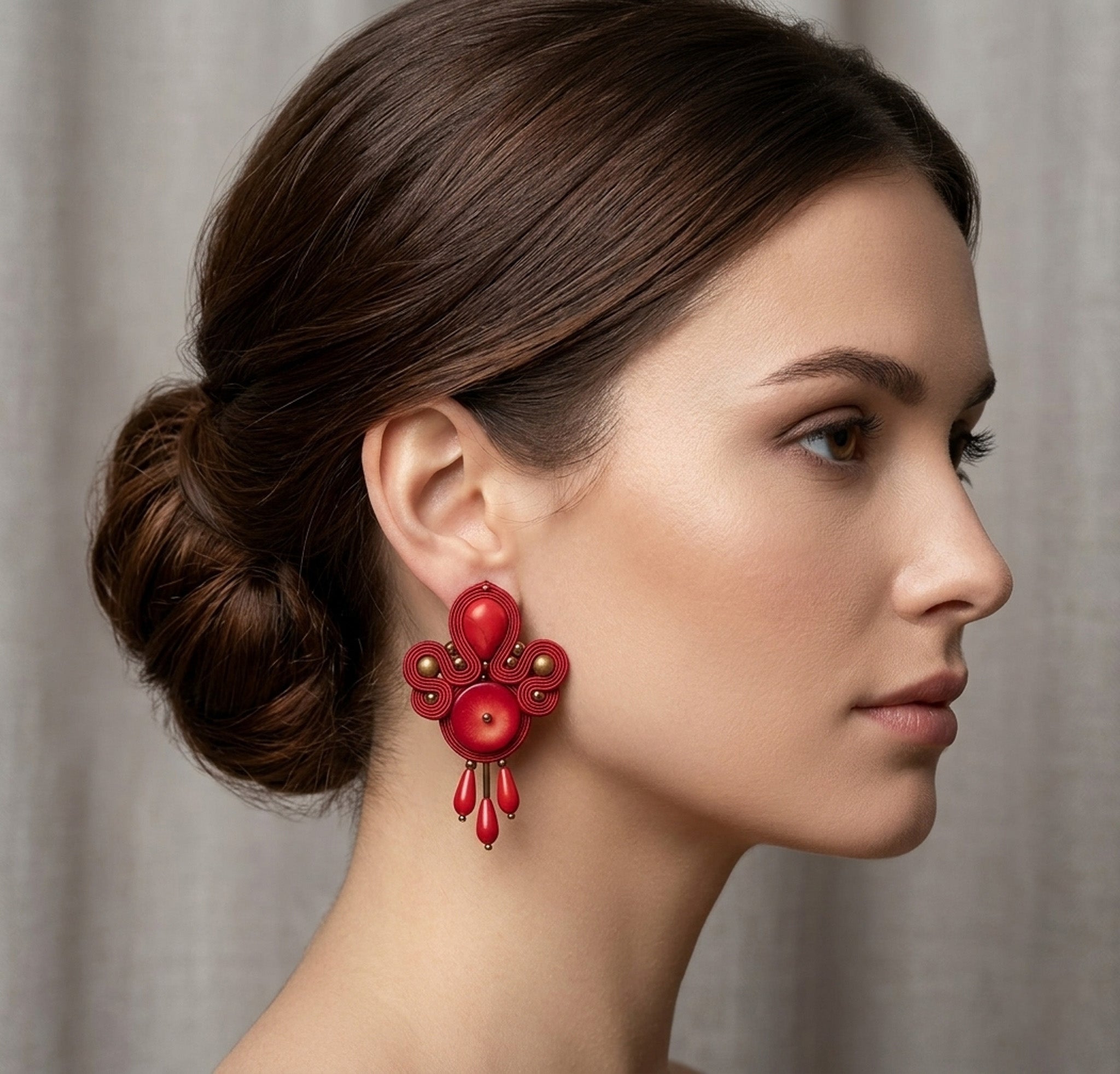 Red Coral Soutache Dangle Earrings