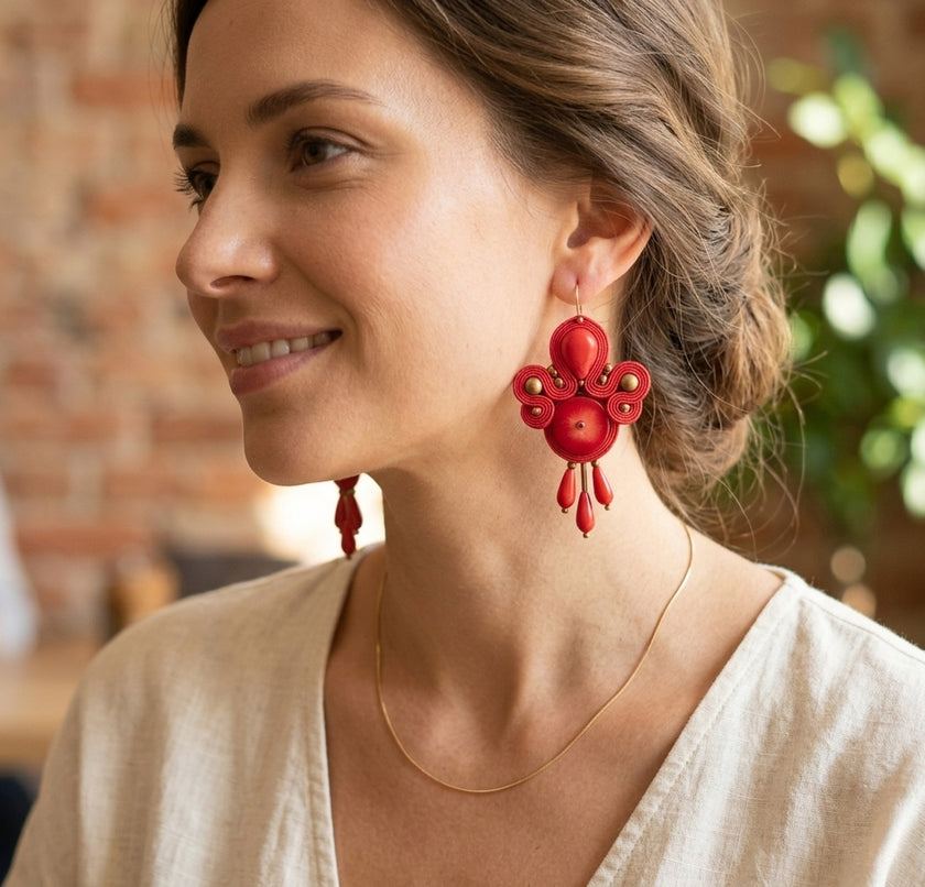 Red Coral Soutache Dangle Earrings