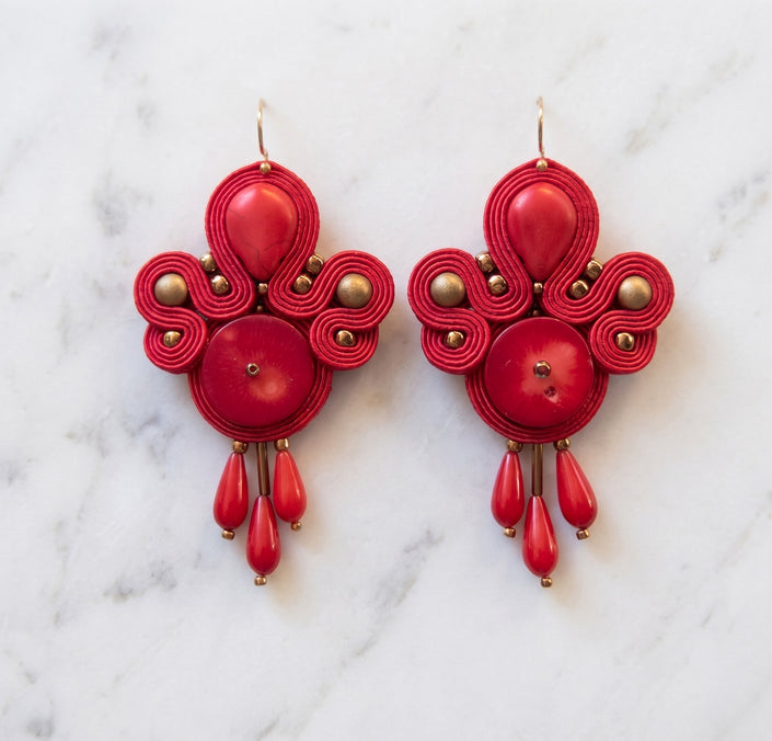 Red Coral Soutache Dangle Earrings