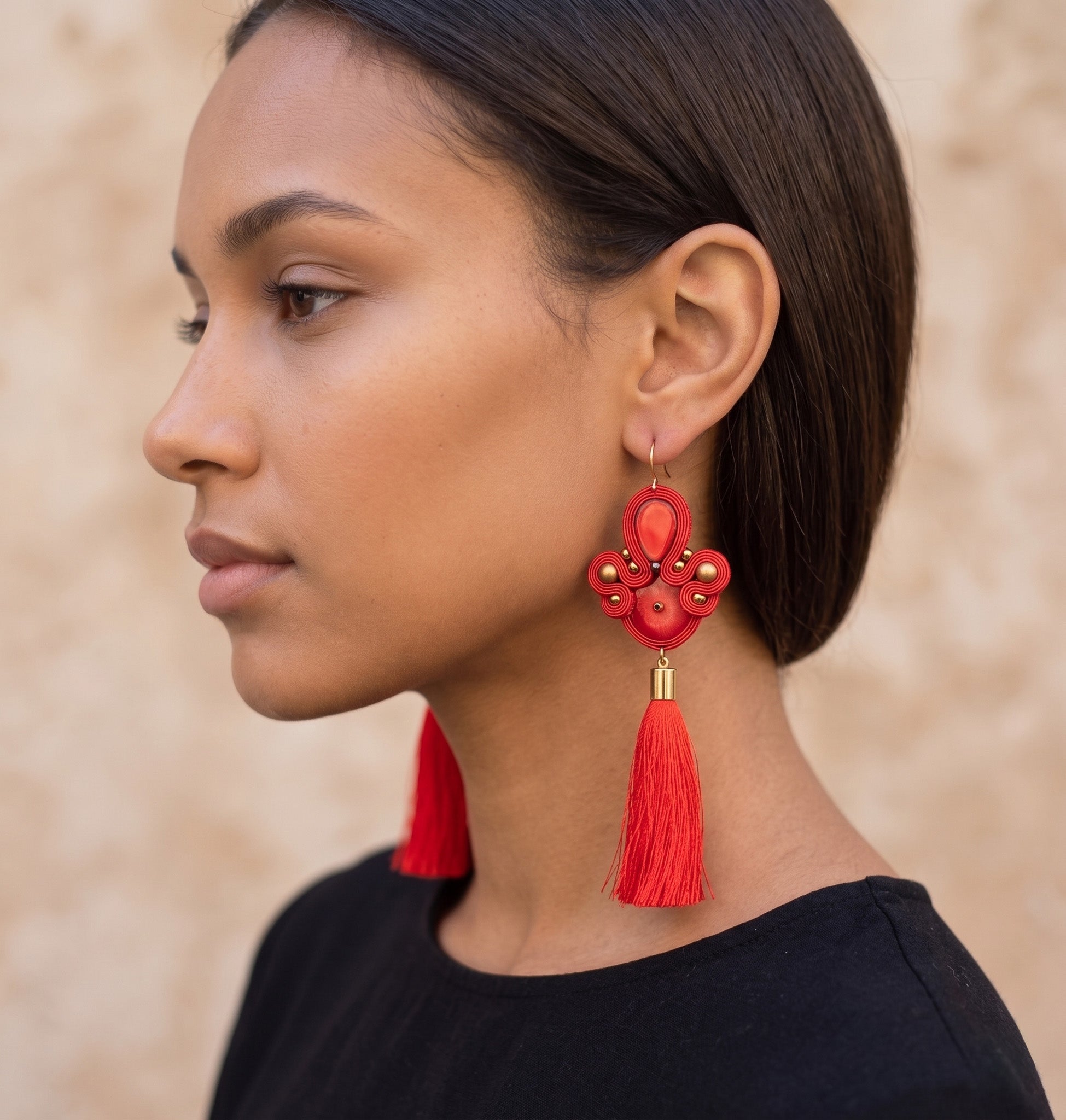 Red Coral Soutache Tassels Earrings