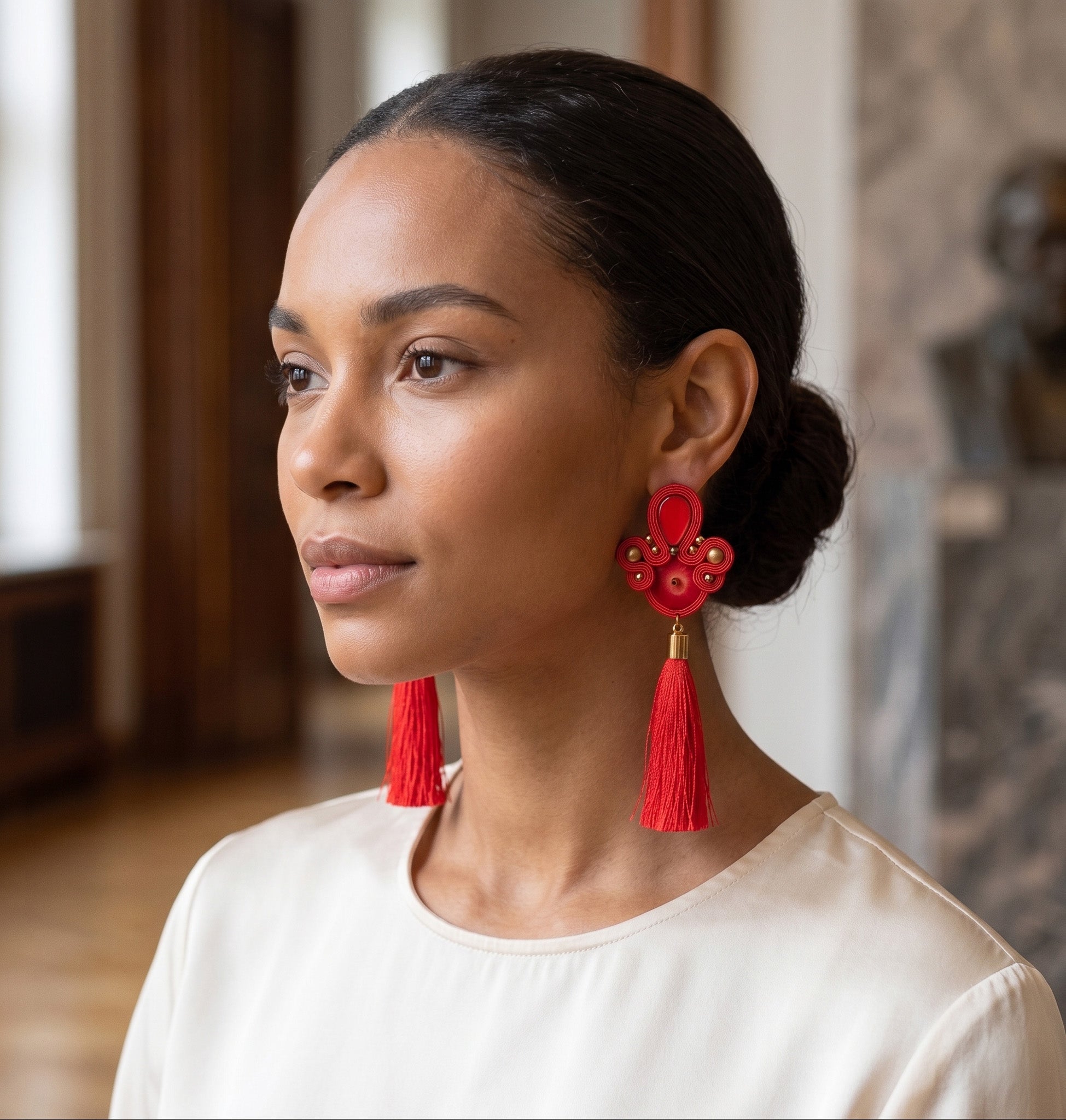 Red Coral Soutache Tassels Earrings
