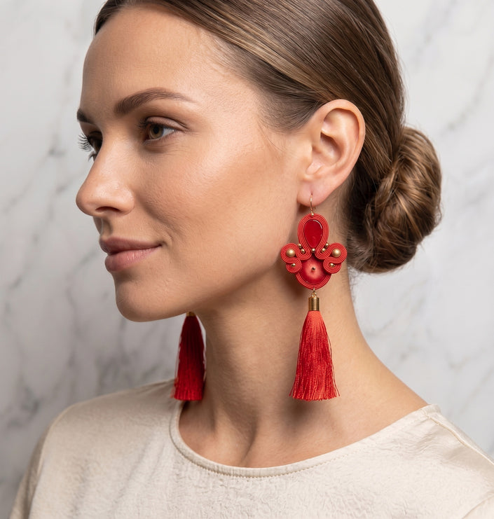 Red Coral Soutache Tassels Earrings