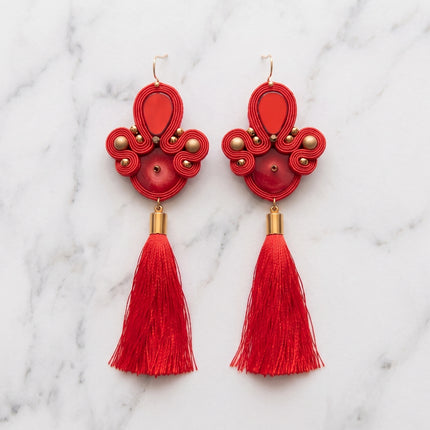 Red Coral Soutache Tassels Earrings