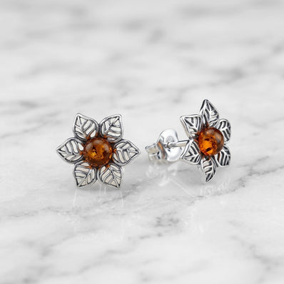 Sterling Silver & Baltic Amber Jonquil Flower Earrings