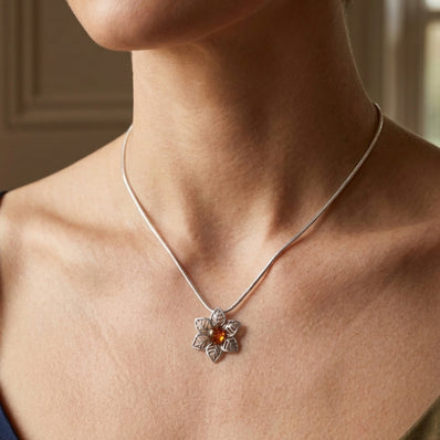 Sterling Silver & Baltic Amber Jonquil Flower Pendant