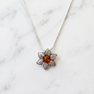 Sterling Silver & Baltic Amber Jonquil Flower Pendant