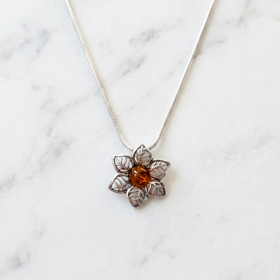 Sterling Silver & Baltic Amber Jonquil Flower Pendant