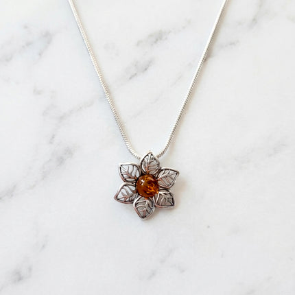 Sterling Silver & Baltic Amber Jonquil Flower Pendant