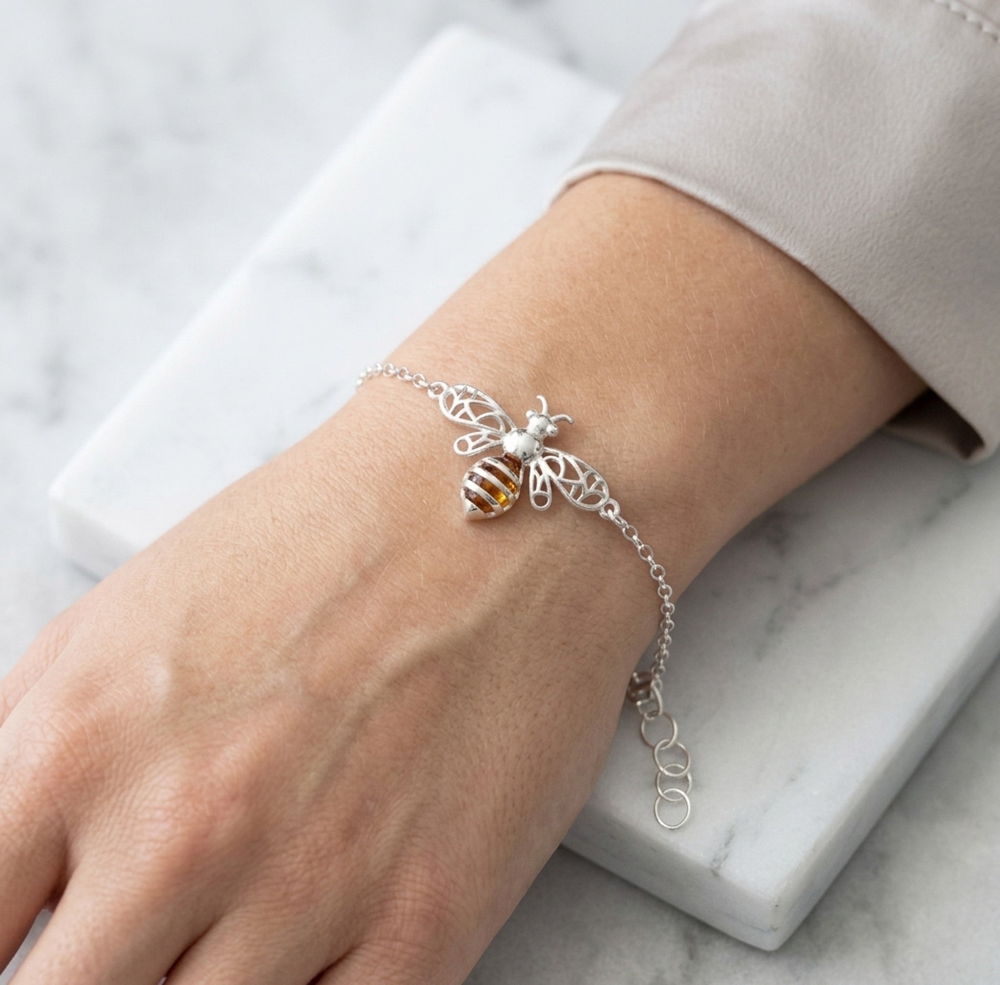 Sterling Silver & Baltic Amber Bee Bracelet