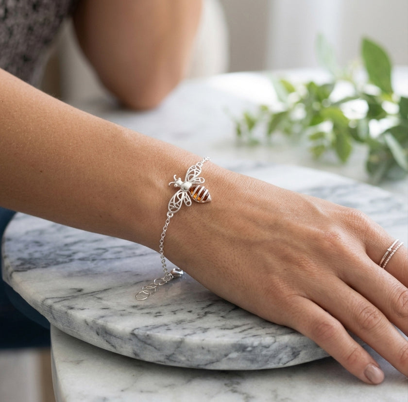 Sterling Silver & Baltic Amber Bee Bracelet