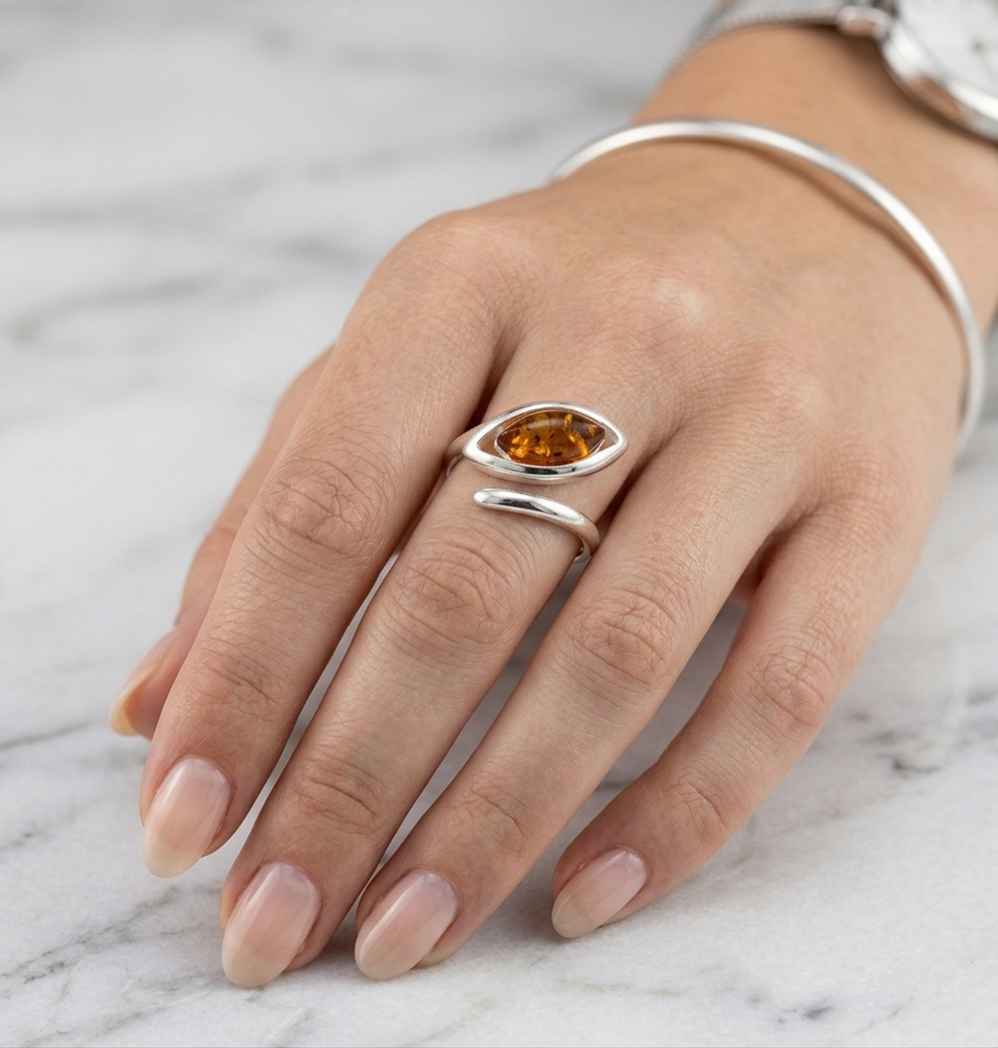 Sterling Silver & Baltic Amber Eye-Shaped Ring