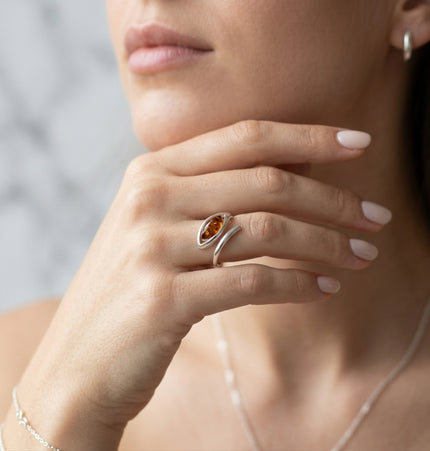 Sterling Silver & Baltic Amber Eye-Shaped Ring