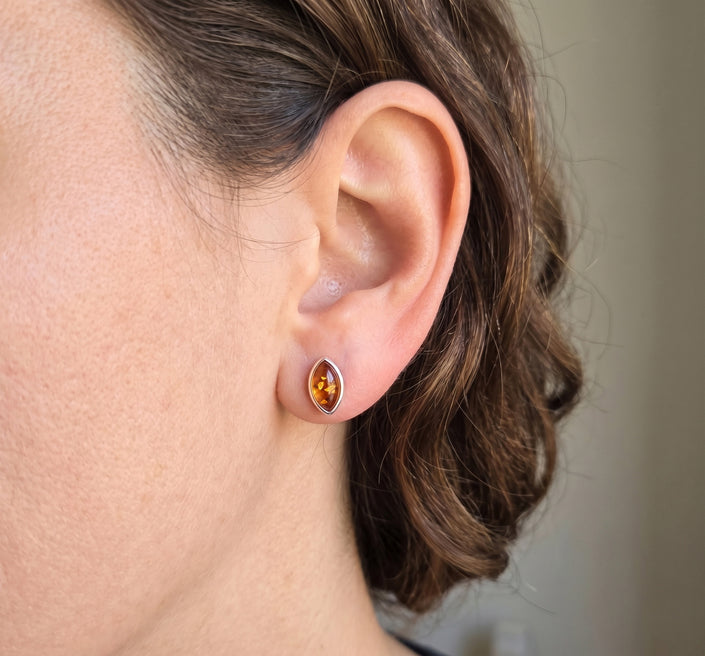 Sterling Silver & Baltic Amber Eye-Shaped Earrings