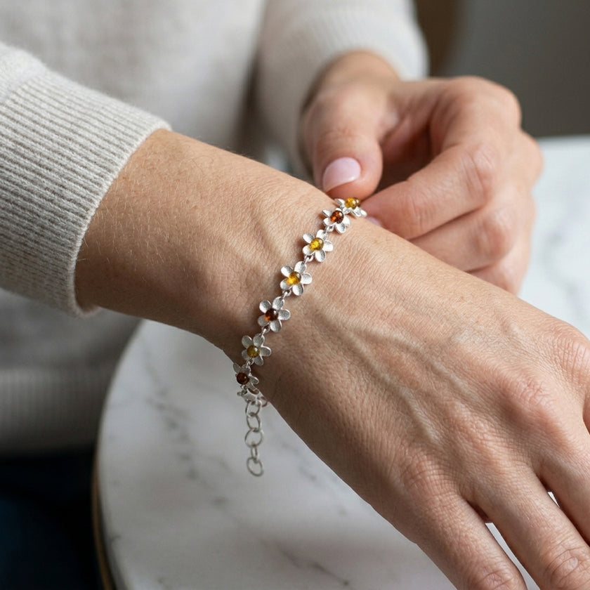 Sterling Silver & Baltic Amber Daisy Flower Bracelet