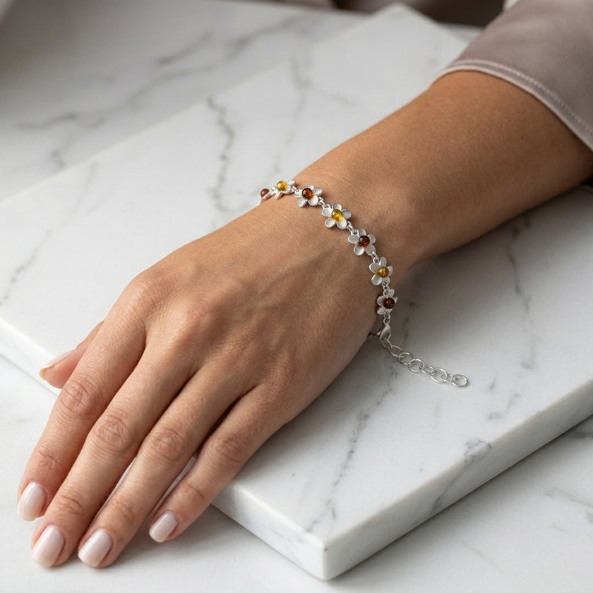 Sterling Silver & Baltic Amber Daisy Flower Bracelet