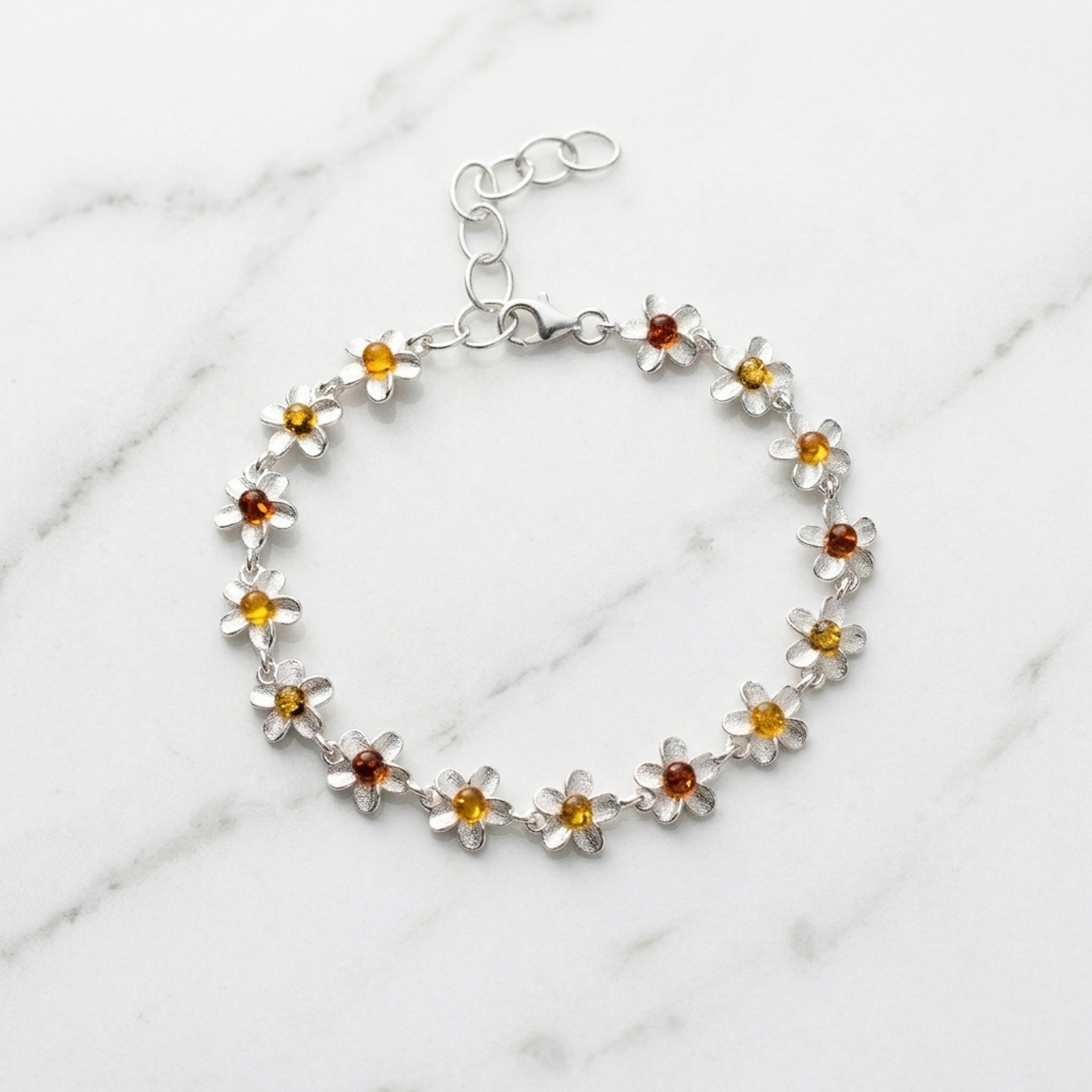 Sterling Silver & Baltic Amber Daisy Flower Bracelet