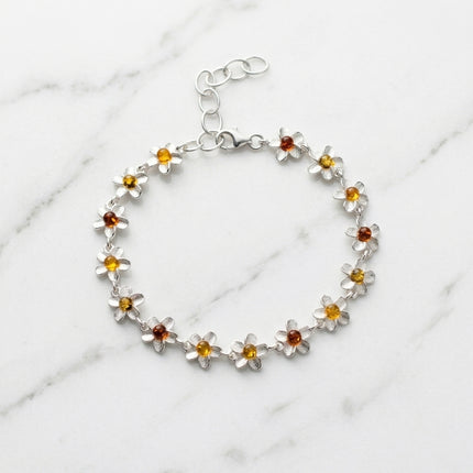 Sterling Silver & Baltic Amber Daisy Flower Bracelet