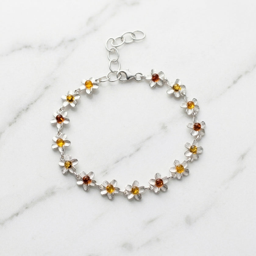 Sterling Silver & Baltic Amber Daisy Flower Bracelet