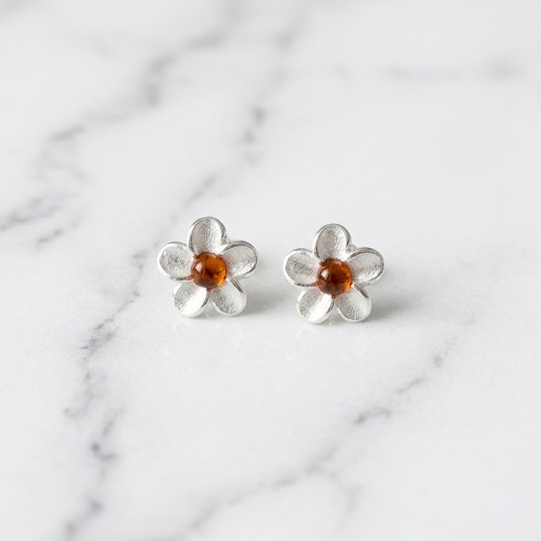Sterling Silver & Baltic Amber Daisy Flower Earrings