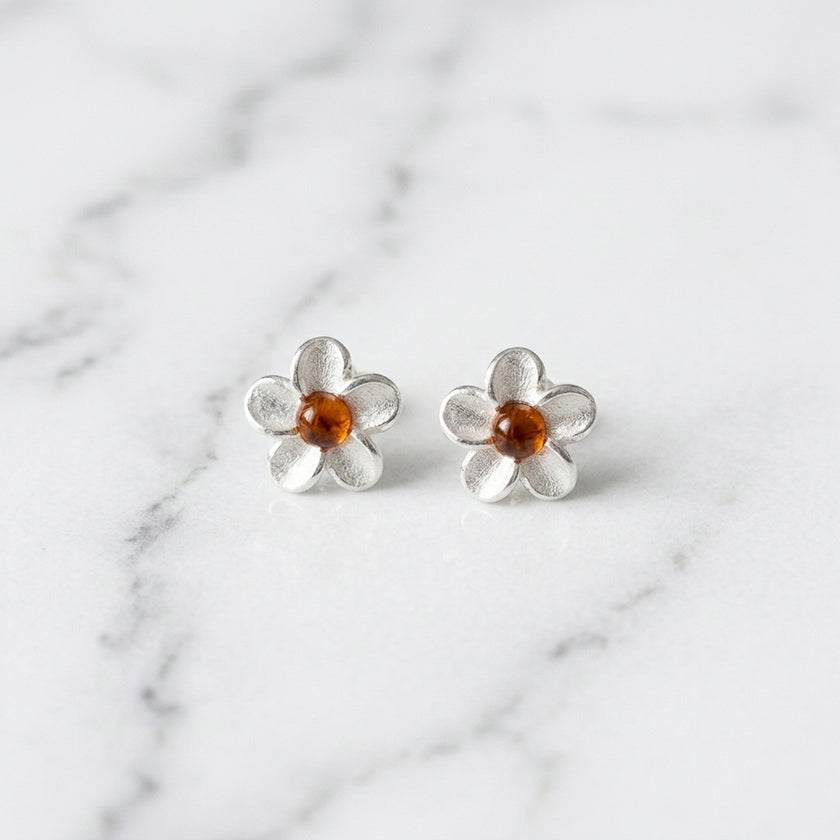 Sterling Silver & Baltic Amber Daisy Flower Earrings