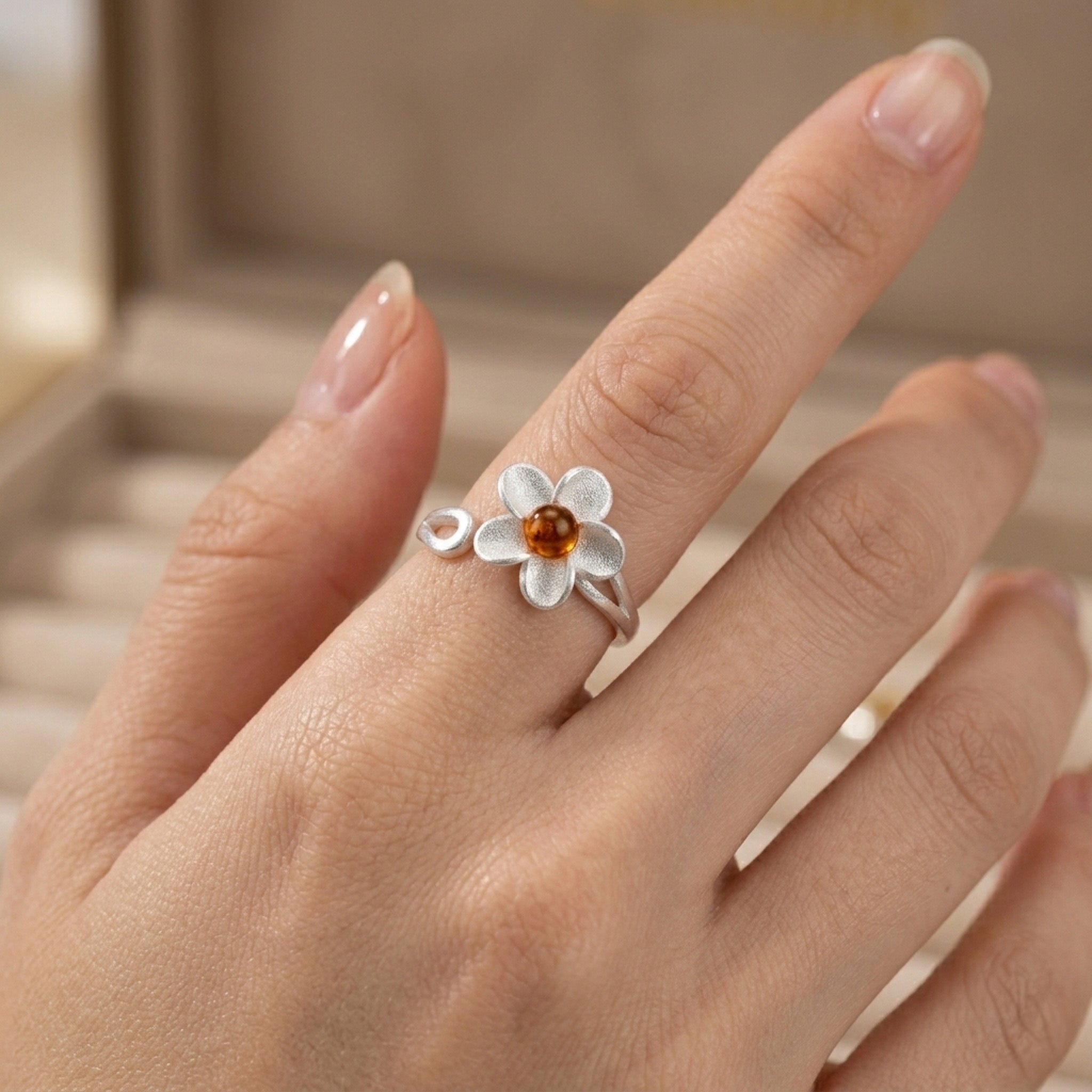 Sterling Silver & Baltic Amber Daisy Flower Ring