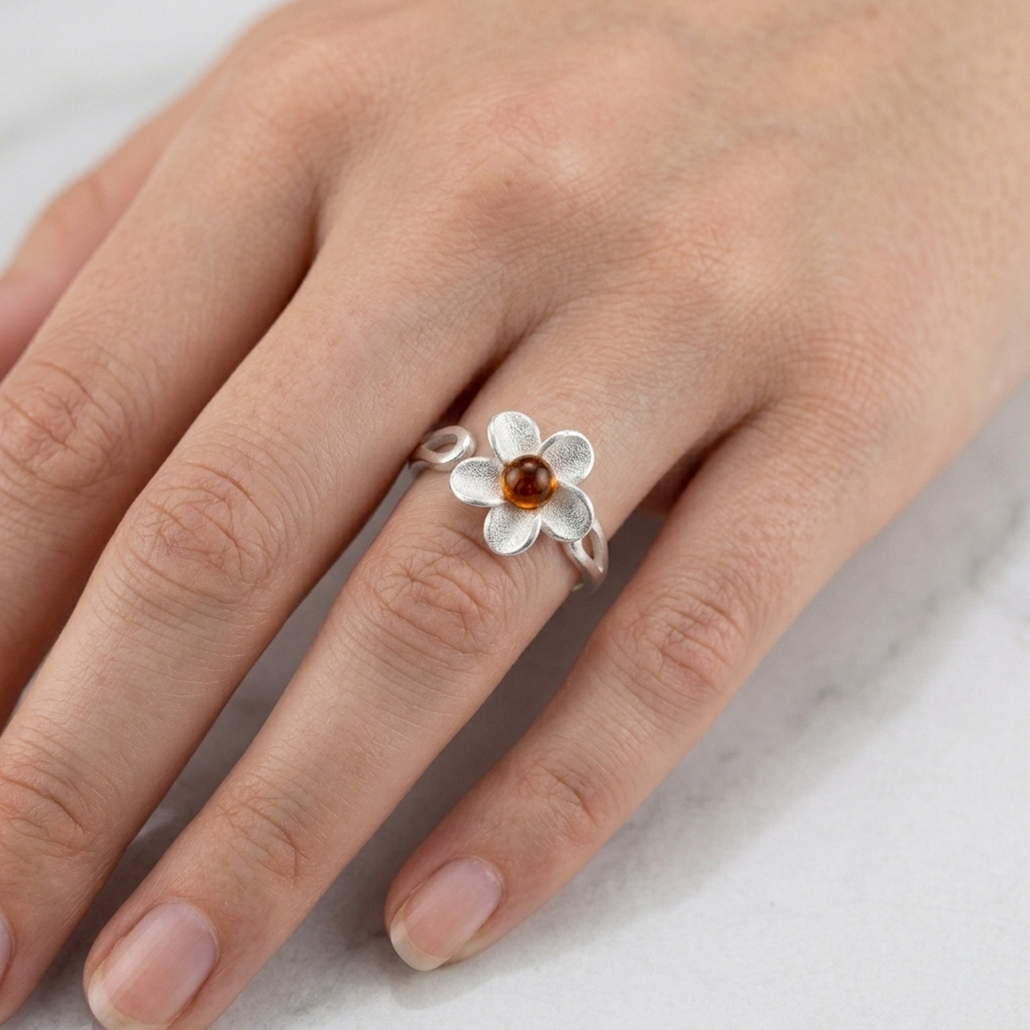 Sterling Silver & Baltic Amber Daisy Flower Ring