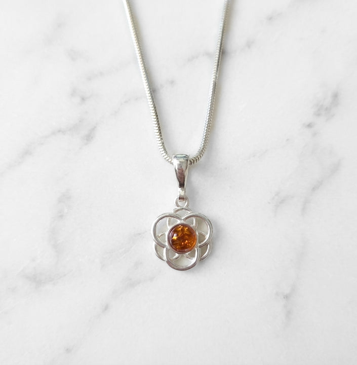 Sterling Silver & Baltic Amber Poppy Flower Pendant